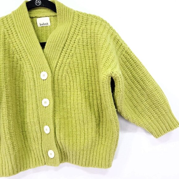 babaà No.22 Cardigan 100% Eco Wool Ribbed Knit Green Button Front Sweater - Picture 13 of 14